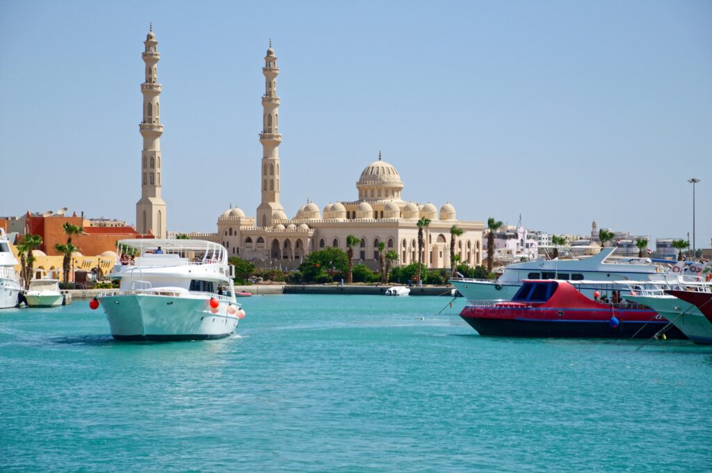 Yachts in the marina at Hurghada with the mosque behind