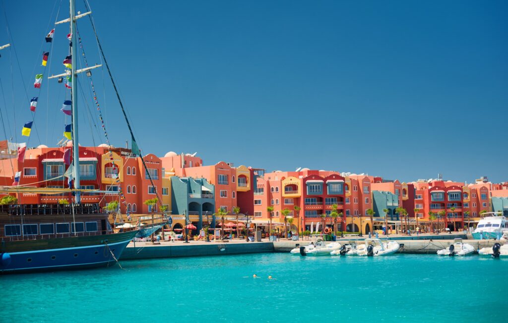 Colourful marina promenade on the Red Sea coast of Egypt