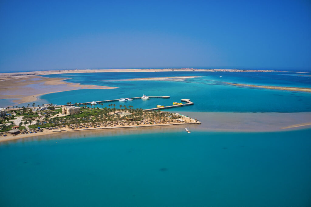 Aerial view of the marina and turquoise lagoon at Soma Bay on the Red Sea coast of Egypt