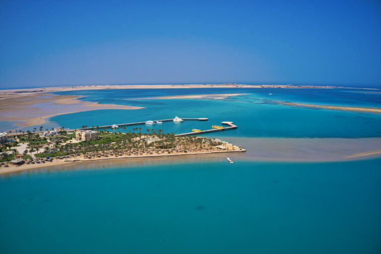 Aerial view of the marina and turquoise lagoon at Soma Bay on the Red Sea coast of Egypt